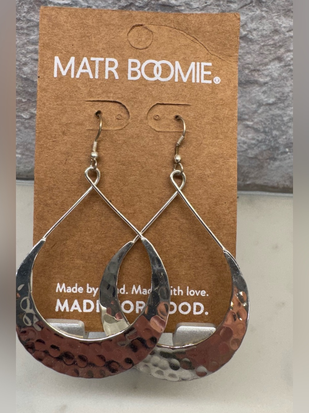 Matr Boomie Hammered Silver Tone Teardrop Hoop Earrings NWT
